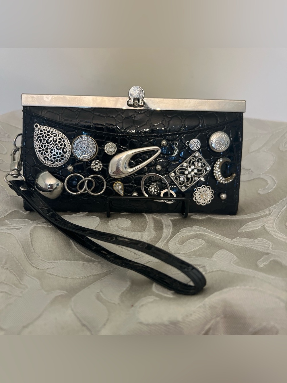 Black Embellished Wristlet Clutch with Silver Accents